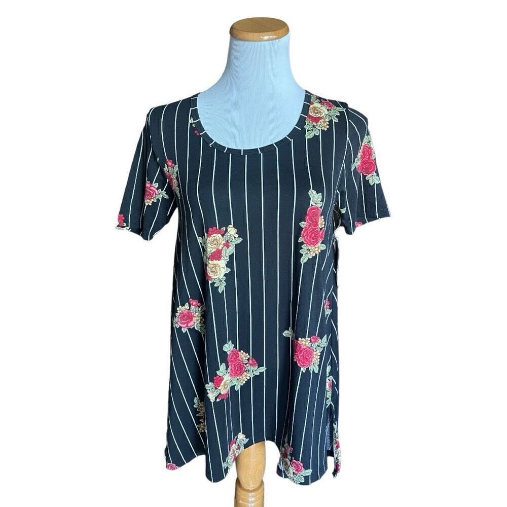 NWT Womens Lularoe Pinstriped Floral Print Perfect Tee Shirt - Sz XXS